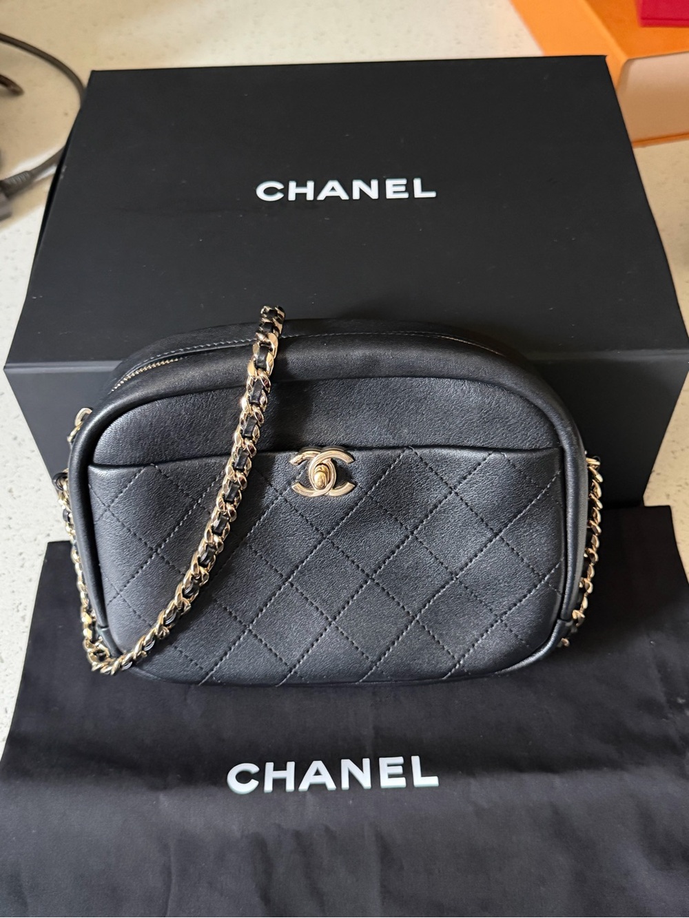 CHANEL Black Quilted Leather Crossbody Camera Bag with Gold Hardware